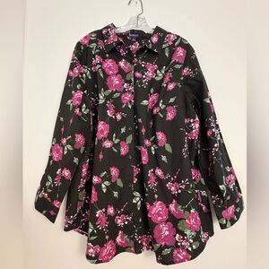 Floral Romantic Roses Button Down Blouse Roaman’s Size 24W Business Casual Top